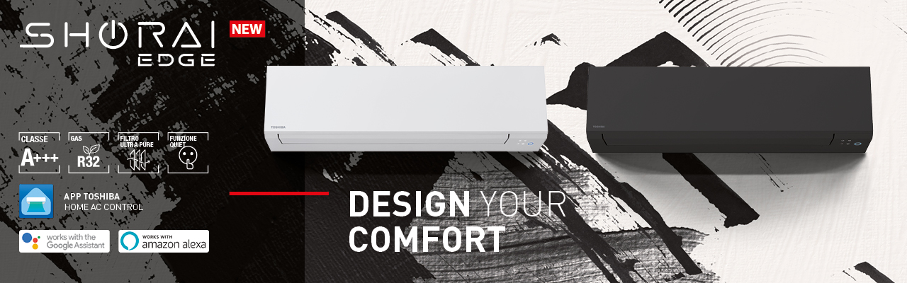 Climatizzatori Toshiba Shorai Edge in versione bianca e nera, con classe energetica A+++, gas R32, filtro Ultra Pure, funzione Quiet e compatibilità con Google Assistant e Amazon Alexa.