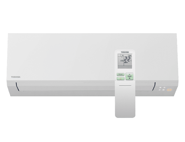 Climatizzatore Toshiba a parete con telecomando, temperatura impostata a 22 gradi sul display, visualizzato su sfondo trasparente.
